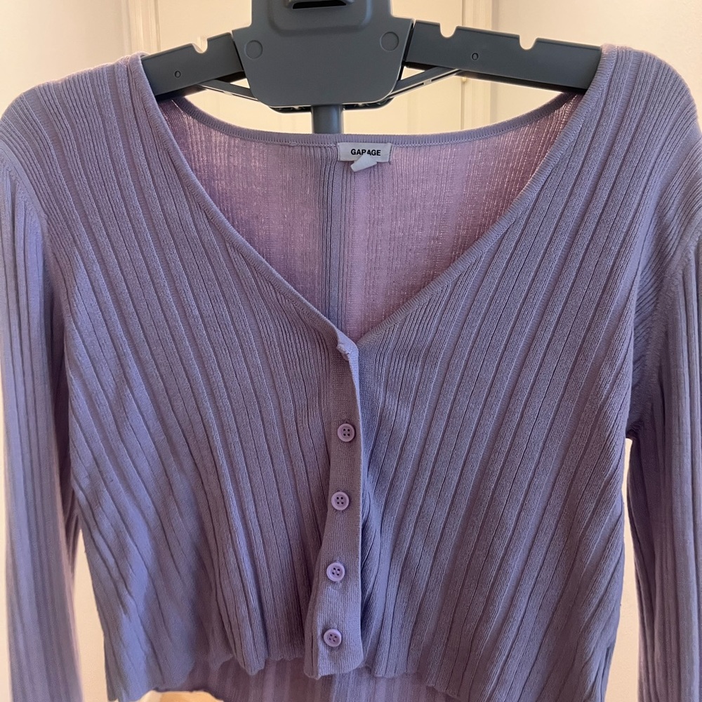 purple cropped button down sweater cardigan women’s